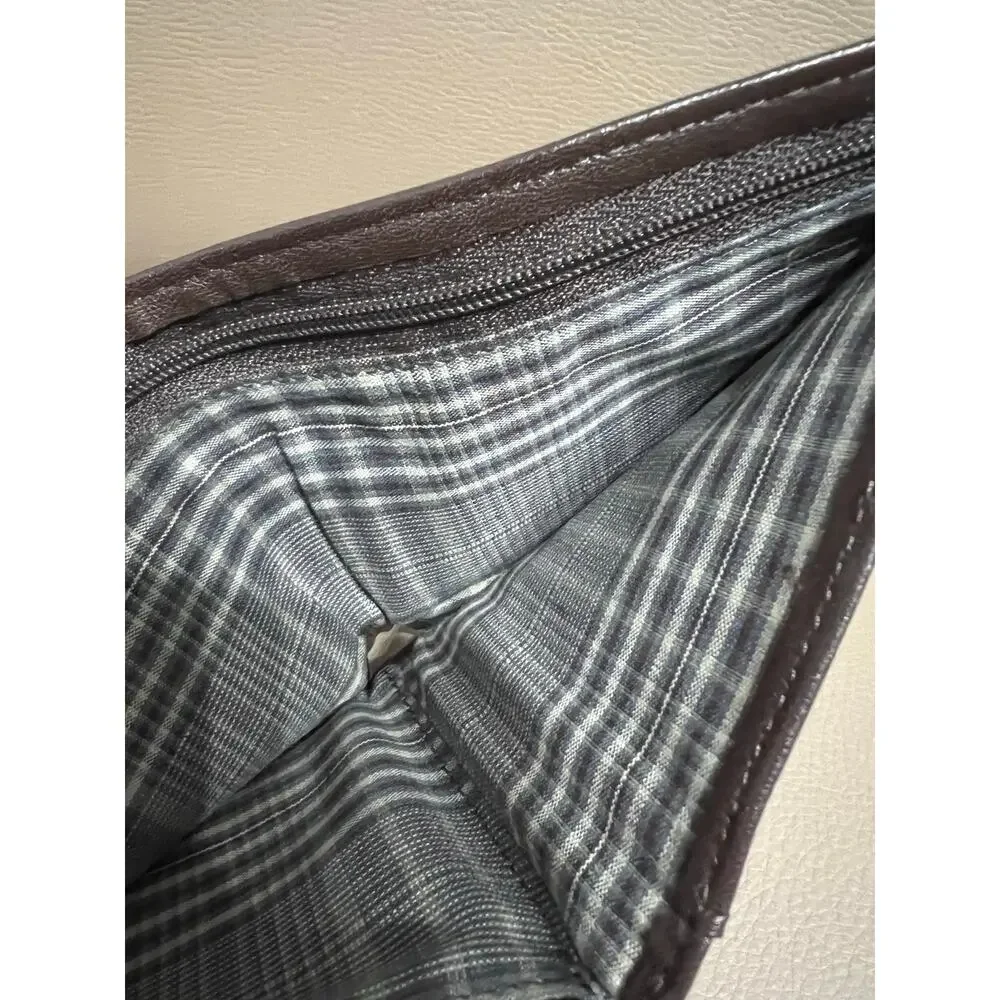 Fossil Mens Wallet Brown Genuine Leather Bifold Logo Zipper Plaid